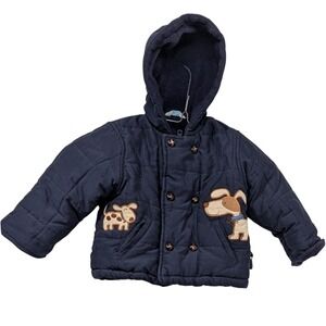 Le Petit Rothschild Navy Blue Quilted Dog Applique Hooded Winter Jacket 6/9M‎